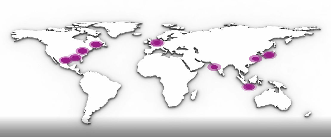 map of the world with purple dots representing evonik locations